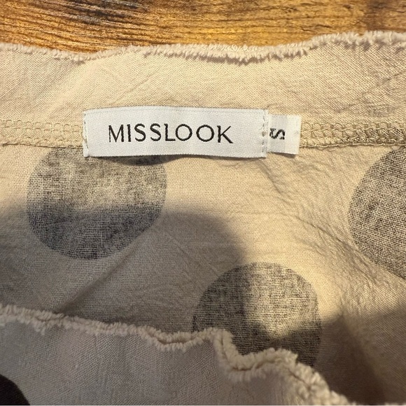 MISSLOOK Polka Dot Top Shirt 3/4 Length Sleeves Raw Hem Seams Cream Brown Small - Picture 9 of 10